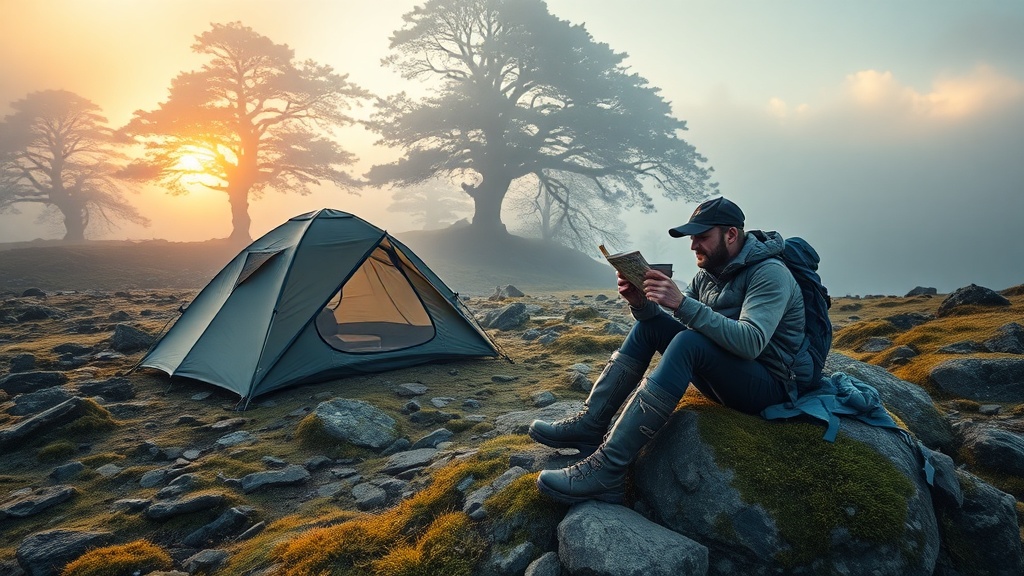 A wild camper overlooking a misty UK valley at dawn