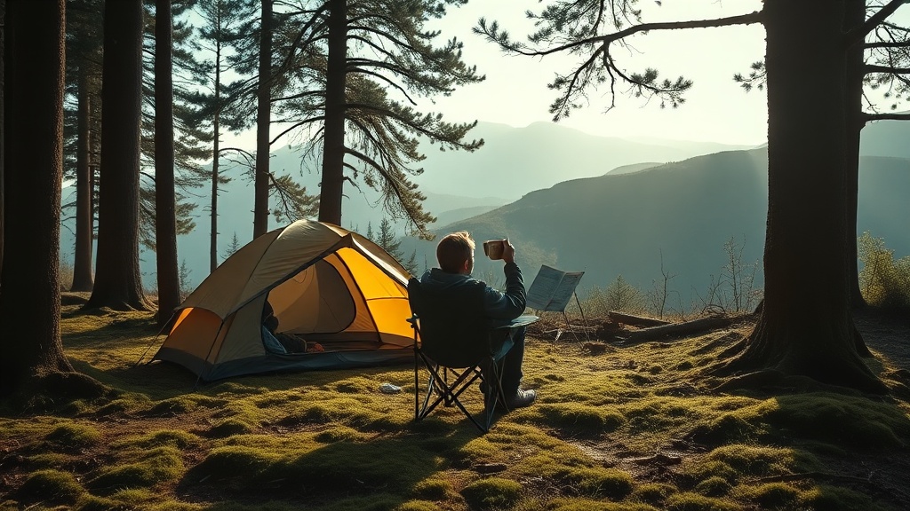 A tent pitched on a quiet UK hillside at golden hour
